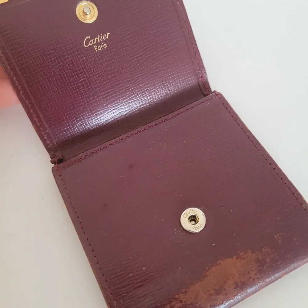Cartier Vintage Mini Coin Holder Wallet‎ Bordeaux Leather Small Red Burgundy